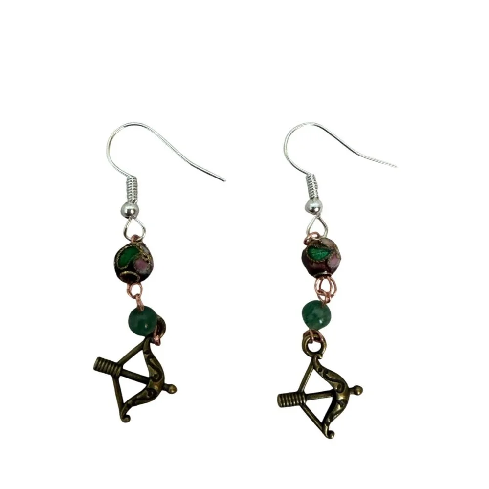 Bow and Arrow Cloisonne Agate Dangle Earrings Green Beaded Drop Earrings